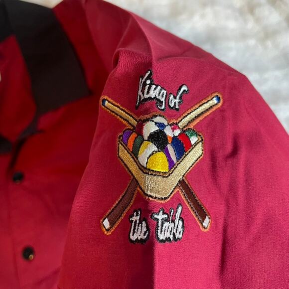 DISNEY Large Pool‎ Bowing Shirt Button Up Vintage Mickey Goofy Red Black Retro - Picture 5 of 7